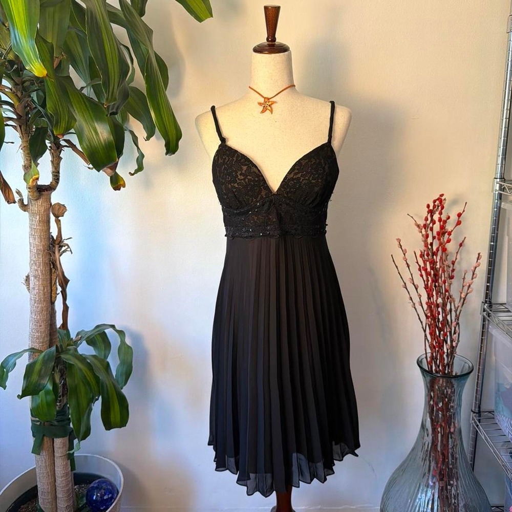 SL Fashions Black Beaded Lace Sequin Babydoll Dress 90s Whimsygoth Petite 10P